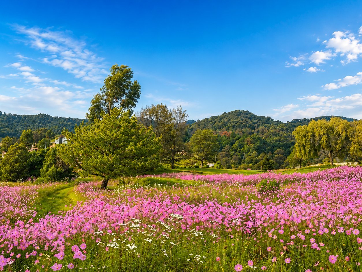Campo de flores de la hacienda con montañas al fondo